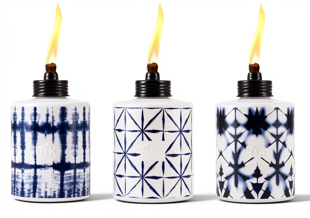 TIKI Brand Table Torch with tie-dye design illuminating a patio table
