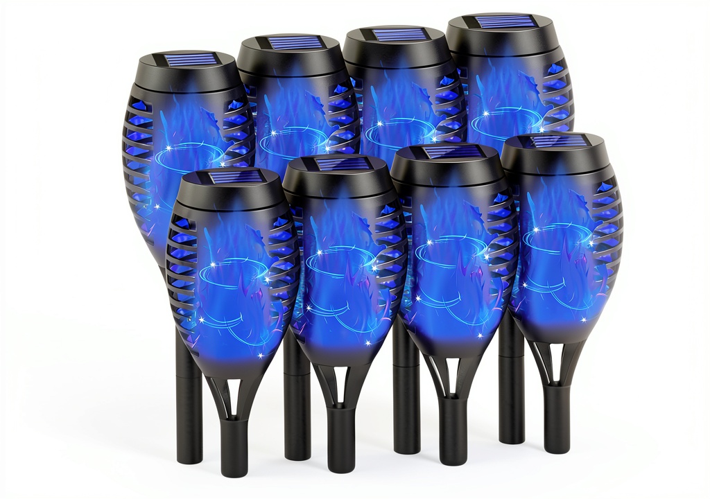 'COCOMOX solar torch lights illuminating a garden patio at night'